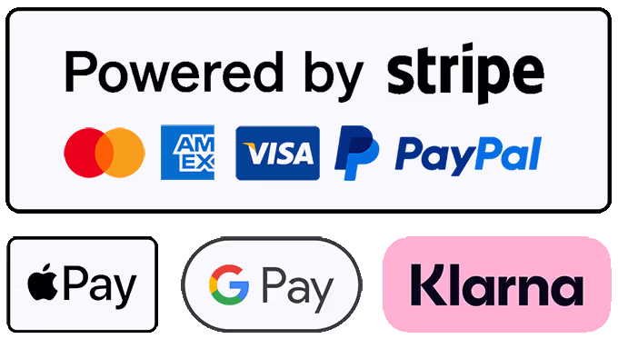 We accept Mastercard, Visa, American Express, PayPal, Apple Pay, Google Pay, Klarna and all major Debit / Credit Cards.